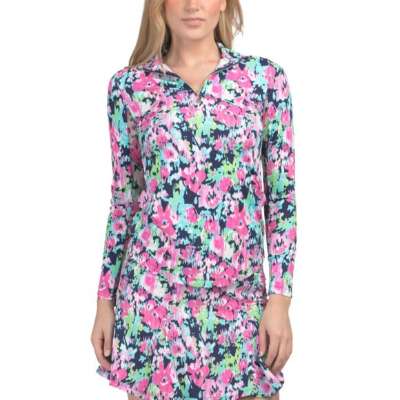 G LIFESTYLE Navy Multi Upf 50 Long Sleeve Quarter Zip Top - Picture 1 of 2